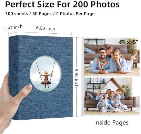 Vienrose Photo Album 4x6 Photos 200 Pockets Linen Cover Slip-in Photo Book with Round Window for Wedding, Vacation Memories, Personalized Picture Organizer, Blue - Image 2