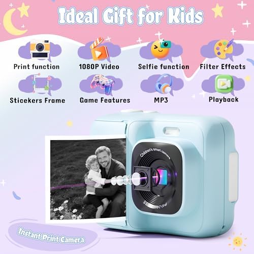 Kids Camera, 1080P Instant Digital Print, Dual Lens, 32GB Card, Blue - Image 2