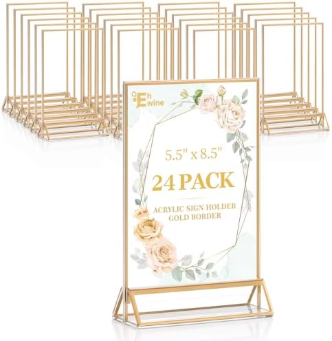 EHWINE 24 Pack Acrylic Sign Holder 5.5 x 8.5, Double Sided Gold Picture Frame Stand up Table Top Sign Holders, Clear Display Stand Menu Flyer Holder for Wedding Party by EHWINE