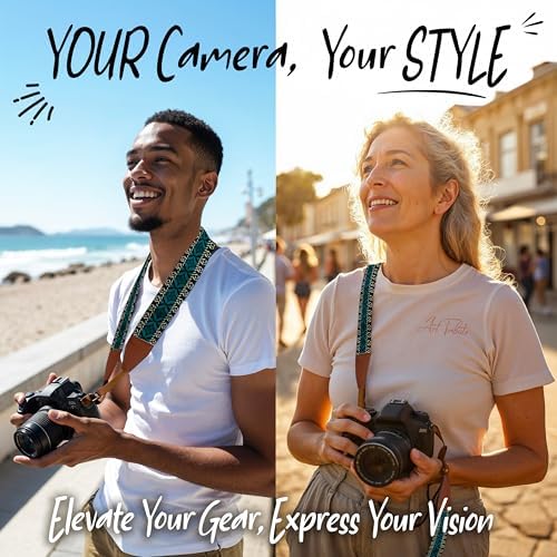 Art Tribute Camera Strap - Shoulder, Crossbody & Neck Camera Strap for Photographers, Fits All Cameras, Canon Nikon Sony Fujifilm, Padded Strap W/Quick Release, Embroidered Cotton & Leather Ends - Image 2