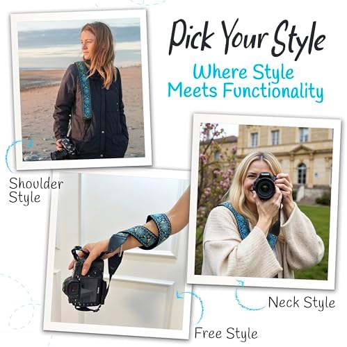 Camera Strap - Shoulder, Crossbody & Neck Camera Strap for Photographers, Fits All Cameras, Canon Nikon Sony Fujifilm, Padded Strap W/ Quick Release, Embroidered Cotton & Leather Ends, Blue - Image 6