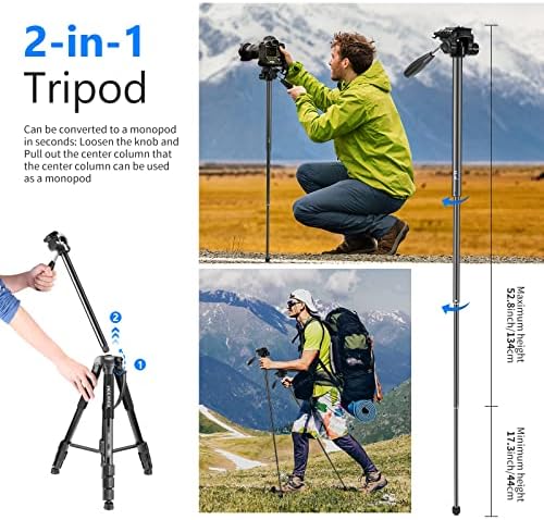NEEWER Portable Aluminum Alloy Camera 2 in 1 Tripod Monopod Max. 70"/177cm with 3 Way Swivel Pan Head and Carrying Bag for DSLR, DV Video Camcorder (SAB264, Black) - Image 5