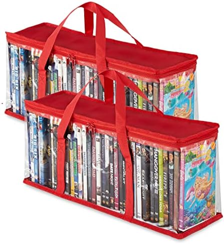 Stock Your Home DVD Storage Bags (Set of 2) Media Organizer Bag for DVDs, CDs, Blu Ray Disc, Movie Cases, VHS Box, Video Game Disks, Clear Plastic Holders with Carrying Handles and Zipper - Red by StockYourHome