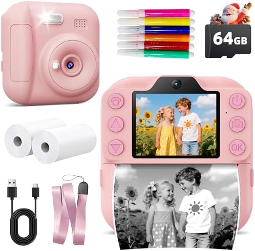 Kids Instant Camera with 64GB SD Card, Portable Digital Camera Toy for Girls and Boys Ages 3-12, Toddler Christmas and Birthday Gift for 3 4 5 6 7 8 9 10 Year Old Kids (Blue) (Pink) by Coxlame