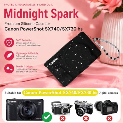 Cute Camera Case for Canon PowerShot SX740 HS/SX730 HS,Silicone Protective Cover with Removable Lens Cap,Wrist Strap & 2 Pack Tempered Glass Screen Protector for Women (Black Star) - Image 2