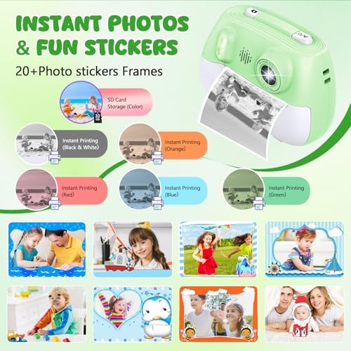 Kids Camera Instant Print 1080P Front Rear Dual Selfie - Toddler Cameras with Digital Video Games,32GB & 5-Color Print Paper/ 250 Photos,Easy to Use & Great Toys Gifts for Boys Girls, Ages 3-12 Green - Image 3