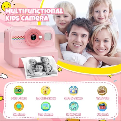 HiMont Kids Camera Instant Print, 1080P HD Instant Print Camera for Kids with 3 Rolls Print Paper & 32GB Card, Selfie Digital Camera for Kid, Ideal Kid Toys Gifts for Boys & Girls Age 3-14 (Pink) - Image 2