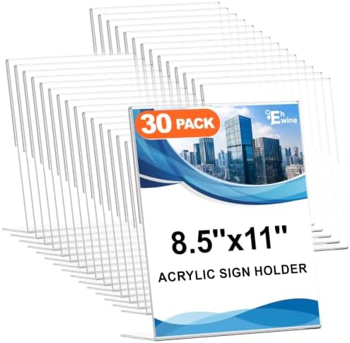 EHWINE 30 Pack Acrylic Sign Holder 8.5 x 11, L Shape Clear Plastic Display Stand, Slanted Back Picture Frame Menu Flyer Paper Display Stand up Table Top Sign Holders for Restaurant, Office and School by EHWINE