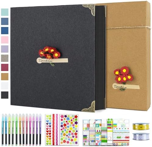 Vienrose DIY Scrapbook Photo Album Kit with Stickers, Pens, Tapes, 60 Pages Hardcover Memory Book, 12x12 Inch 3 Ring Binder with Black Pages, Guest Book Gift for Wedding, Travel & Anniversary Black by Vienrose