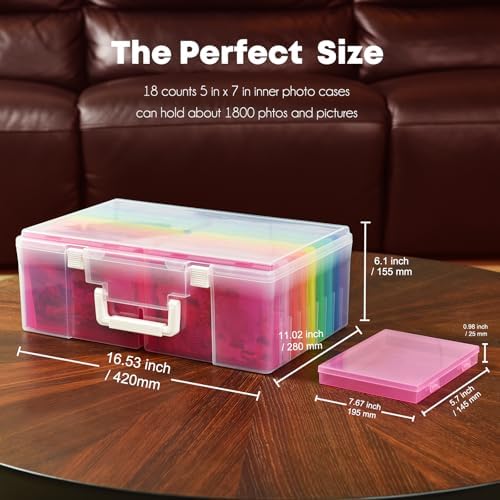 ALINK Photo Storage Box 5" x 7" with Handle, 18 pcs Inner Photo Container Organizer and Craft Keeper, Portable Picture Case with Label for Arts, Crafts, Sewing, Stickers, Office Supplies - Colored - Image 2