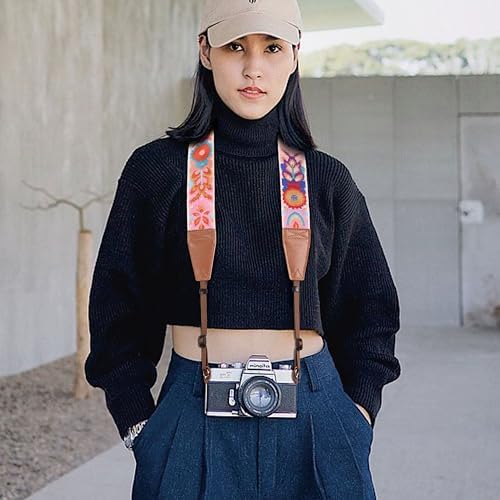 Padwa Lifestyle Colorful Knit Camera Strap - 2" Full Grain Leather Ends Camera Straps for Photographers, Vintage Embroidered Cotton Soft Suede Fabric Padded Strap Quick Release fits All Cameras - Image 5