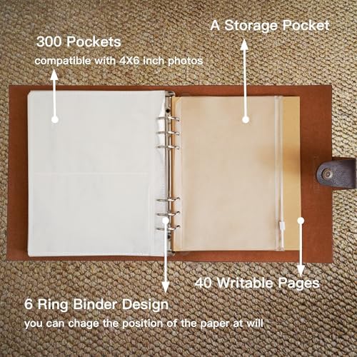 Genuine Leather Photo Album 300 Pockets, 4x6 for 300 Photos, with 40 Writing Paper, Bookshelf Scrapbook for Travel Family Wedding Kids Graduation Baby Pictures, Wine Brown - Image 3