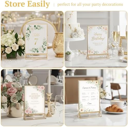 EHWINE 2 Pack Acrylic Sign Holder 5 x 7, Double Sided Gold Picture Frame Stand up Table Top Sign Holders, Clear Display Stand Menu Flyer Holder for Wedding Party - Image 6