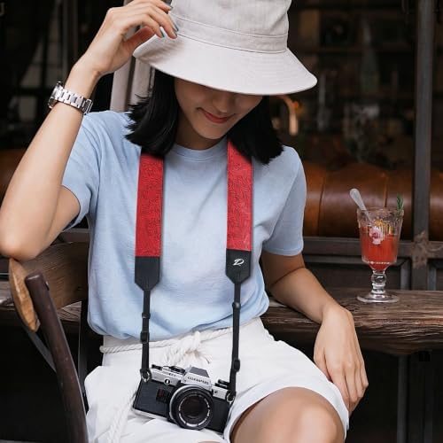 Padwa Lifestyle Camera Strap - 2" Red Faux Leather Carving Camera Straps with Full Grain Leather Ends for Photographers, Vintage Soft Suede Fabric Padded Strap Quick Release fits All Cameras - Image 2