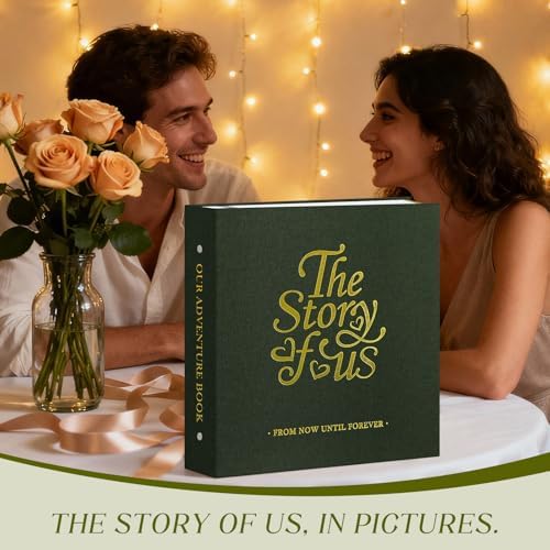 Lanpn Couples Scrapbook Photo Album - The Story of Us, Linen Wedding Anniversary Self Adheisve Picture Book holds 4x6 5x7 A5 Photo for Love Newlywed Valentine's Day (Large 40 Sheets/80 Pages, Green) - Image 6