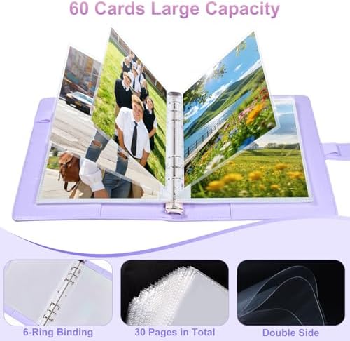 PU Leather A5 Binder, 5x7 Photo Sleeves with 60 Pockets, Secure Top Loading Pages, Refillable Adjustable Album for Keepsakes, Purple - Image 6