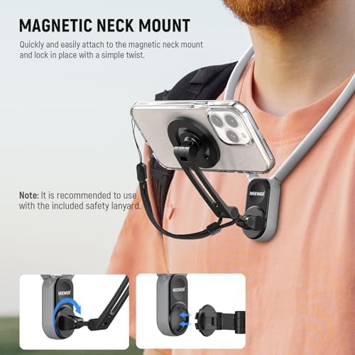 NEEWER Magnetic Neck Holder for Action Camera Phone Hands Free Neck Tripod Chest Mount Compatible with GoPro DJI Insta360 iPhone Android Phone Holder for POV Vlog, Gray, GP16 - Image 6
