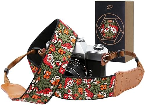 Padwa Lifestyle Green Flower Camera Strap for All DSLR Cameras,Double Layer Cowhide Ends,2" Wide Pure Cotton Embroidered Woven Camera Straps,Adjustable Neck & Shoulder Strap,Gift for Photographers by PadwaLifestyleCameraStrap