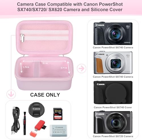 RAIALL Carrying Case for Canon PowerShot SX740 / SX730/ SX720 / SX710/ SX610 HS Digital Camera, Vlogging Camera Travel Hard Bag, Mesh Pocket for Battery, SD Cards and USB Cable, Pink - Image 3