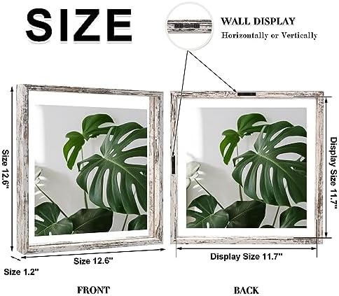 Egofine Distressed White 12x12 Floating Frames Set of 2, Double Plexiglass Picture Frame, Made of Solid Wood Display Any Size Photo up to 12x12, Wall Mount or Tabletop Standing - Image 2
