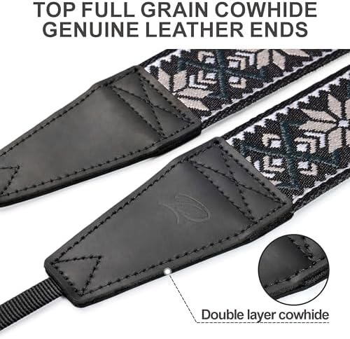 Padwa Lifestyle Camera Strap - 2" Full Grain Leather Ends Camera Straps for Photographers, Vintage Embroidered Cotton Weave Soft Strap Quick Release fits All Cameras - Image 2