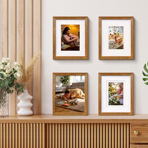 Egofine 8x10 Picture Frames Set of 4, Made of Solid Wood Covered by Plexiglass 4x6 and 5x7 with Mat or 8x10 without Mat, for Table Top Display and Wall Mounting Photo Frame, Teak Wood - Image 6