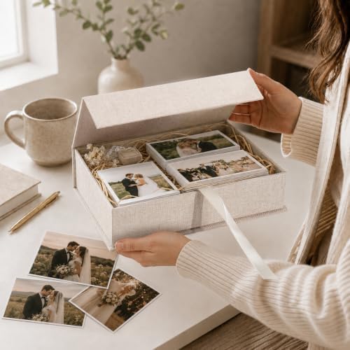 Vienrose Linen Photo Storage Box, 8"x10", Postcard Keeper, Beige - Image 3
