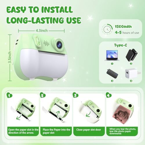 Kids Camera Instant Print 1080P Front Rear Dual Selfie - Toddler Cameras with Digital Video Games,32GB & 5-Color Print Paper/ 250 Photos,Easy to Use & Great Toys Gifts for Boys Girls, Ages 3-12 Green - Image 6
