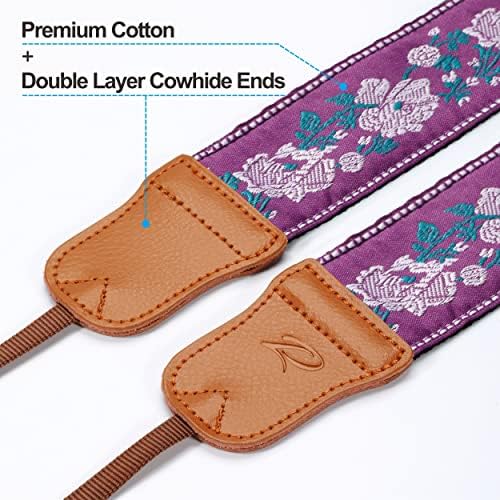 Padwa Lifestyle Purple Flowers Embroidered Camera Strap - Double Layer Cowhide Ends,2" Cotton Vintage Camera Straps, Adjustable Neck & Shoulder Strap for All DSLR Cameras,Great Gift for Photographers - Image 2