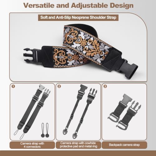 Adjustable Camera Neck Strap, Vintage Embroidered Shoulder & Crossbody Camera Strap with 4 Connection Ways, Anti-Slip Camera Strap for DSLR, Mirrorless & Camcorder, Travel & Outdoor Photography Gear - Image 4