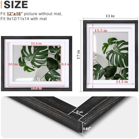 Egofine 12x16 Picture Frames Set of 4, Made of Solid Wood Covered by Plexiglass 9x12 and 11x14 with Mat or 12x16 without Mat, for Wall Mounting Photo Frame, Driftwood Black - Image 3