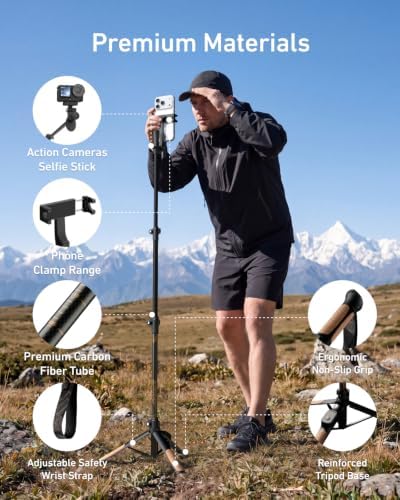 TELESIN TrekShot Carbon Fiber Selfie Stick Tripod, 3-in-1 Hiking Stick Pole - Image 5