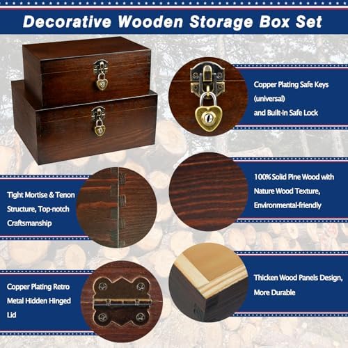 Wood Keepsake Boxes with Lock and Keys Handcrafted Decorative Wooden Storage Case Cabinet Container Hinged Lid Country Rustic Style Organizer for Trinkets Gift Card Collection Coffee Color 2 Pack - Image 4