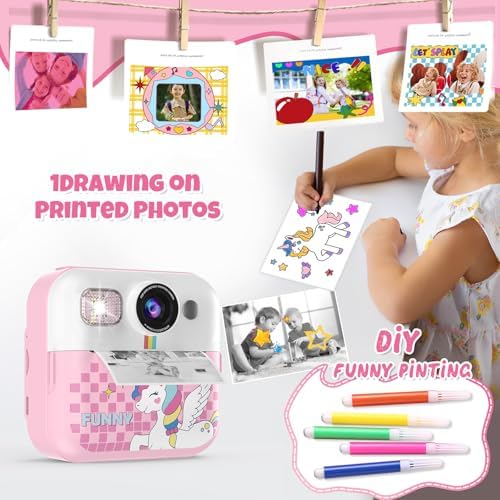 Instant Print Camera for Kids, 1080P Children Printable Cameras Christmas Birthday Gifts for Girls Age 3-10, Toddler Toy for 3 4 5 6 7 8 9 10 Year Old with 3 Roller Photo Paper (Pink) - Image 4