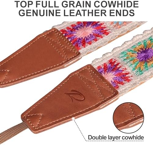 Padwa Lifestyle White Crochet Camera Strap - 2" Full Grain Leather Ends Camera Straps for Photographers, Vintage Embroidered Cotton Soft Suede Fabric Padded Strap with Quick Release fits All Cameras - Image 2