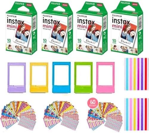 Fujifilm Instax Mini Instant Film (2 Pack, 40 Sheets) 5 Plastic Desk Frames + 60 Sticker Frames + 2 Packs Corner Stickers by FUJIFILM