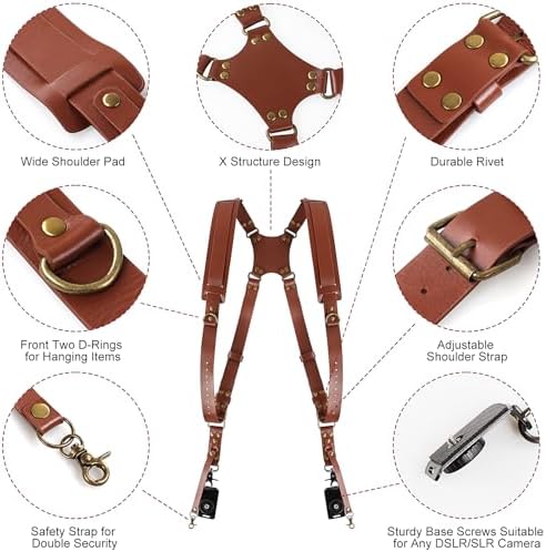 JUNART Camera Strap,Leather Dual Camera Harness with Shoulder Widening Stress Relief, for Two DSLR/SLR Cameras - Image 3