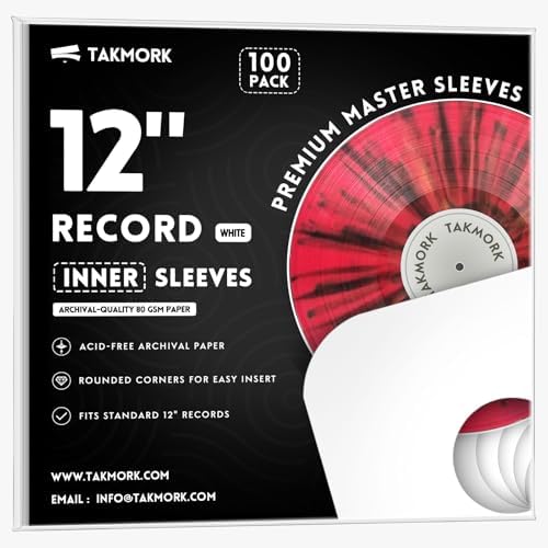 TAKMORK 12" Vinyl Record Inner Paper Sleeves, 33 RPM, 80gsm, White, 100pcs by TAKMORK