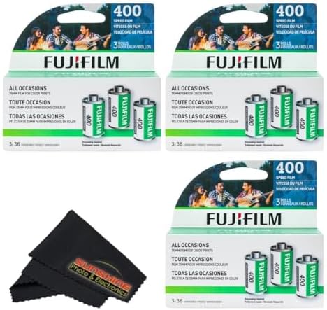 Fujifilm Fujicolor 400 Color Negative Film (35mm Roll Film, 3x36) + Sunshine Photo Microfiber Cleaning Cloth (3 Pack) by FUJIFILM