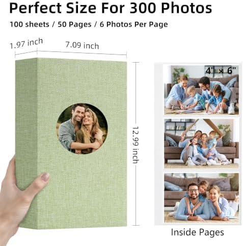 Vienrose Photo Album 4x6 Photos 300 Pockets Linen Cover Slip-in Photo Book with Round Window for Wedding, Vacation Memories, Personalized Picture Organizer, Green - Image 2