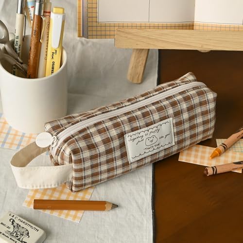Monolike Unmatched Friends Fabric Check Block Pencil Case, Vintage brown - Aesthetic Gingham Pastel Desk Organizer, Soft Padded Makeup Brush Case, Trendy Minimalist Stationery Pouch - Image 3