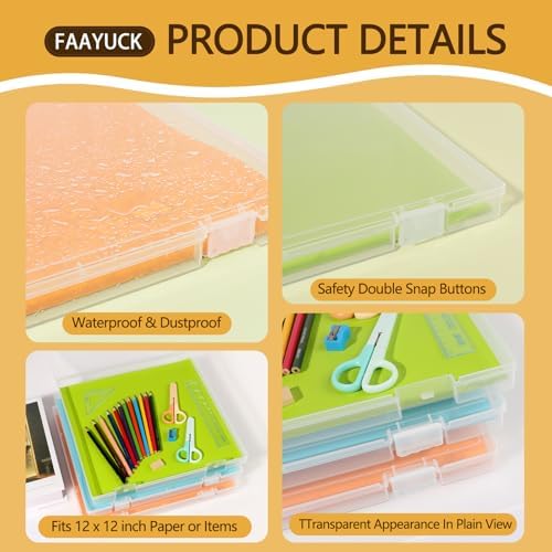 12x12 Inch Scrapbook Paper Storage, 4 Pack Plastic Paper Storage Box with Colorful Tab, Clear Stackable Paper Organizer for Paper, File, Photo, Craft Supply, Puzzle, Office Supply, Vinyl Sheet - Image 3