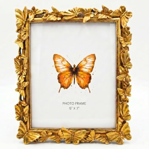 Gold 5X7 Vintage Picture Frames Golden Palm Butterfly Elegant Retro European Design,Antique Picture Frame for Tabletop Stand or Wall Hanging by Yanoayimo