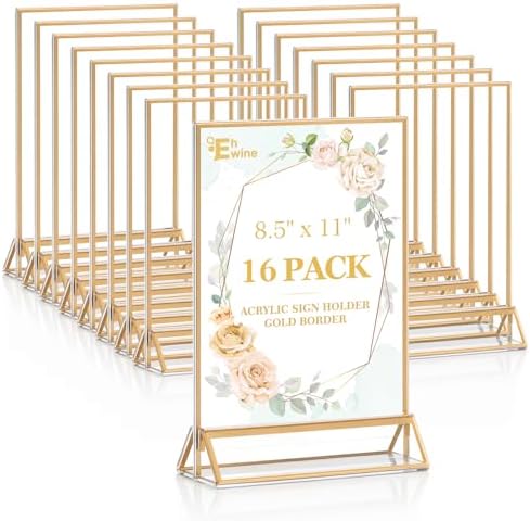 EHWINE 16 Pack Acrylic Sign Holder 8.5 x 11, Double Sided Gold Picture Frame Stand up Table Top Sign Holders, Clear Display Stand Menu Flyer Holder for Wedding Party (Provide Non-slip Mats) by EHWINE