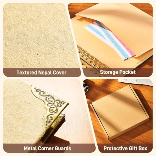 8x8 Scrapbook Album, Handmade Lokta Paper Cover, 40 Pages 250gsm Acid-Free Kraft Paper, DIY Memory Photo Album with Metal Corners & Inner Pocket for Wedding, Anniversary, Baby, Family - Image 6