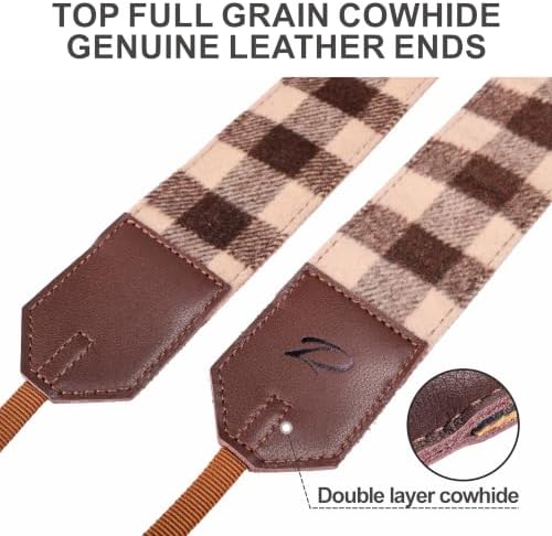 Padwa Lifestyle Camera Strap - 2" Full Grain Leather Ends Camera Straps for Photographers, Unique Vintage Cashmere and Soft Suede Fabric Padded Strap Quick Release fits All Cameras(Beige Coffee Check) - Image 3