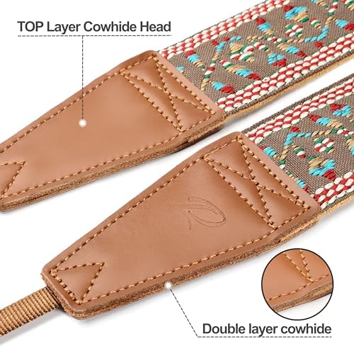 Padwa Lifestyle Matte Gold Camera Strap - 2" Full Grain Leather Ends Camera Straps for Photographers, Vintage Embroidered Cotton Weave Soft Suede Fabric Padded Strap Quick Release fits All Cameras - Image 2