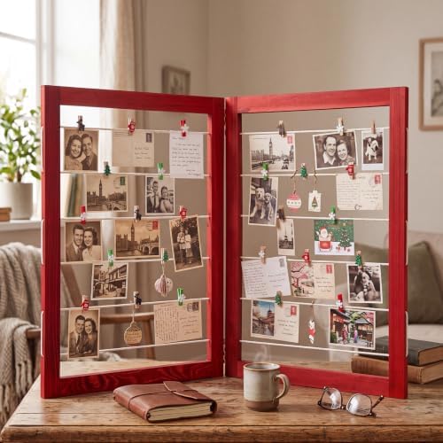 Geelin 36 x 24 Inch Photo Display Board with Clip Farmhouse Picture Display Wooden Rustic Freestanding Picture Collage Frame Wedding Tabletop Decor for Home Dorm (2 Panel,Christmas Red) - Image 3