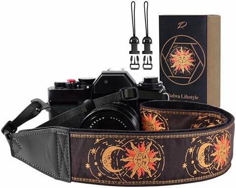Padwa Lifestyle Helios Moon God Camera Strap -2" Full Grain Leather Ends Camera Straps for Photographers, Vintage Embroidered Cotton Weave Soft Suede Fabric Padded Strap Quick Release fits All Cameras by PadwaLifestyleCameraStrap