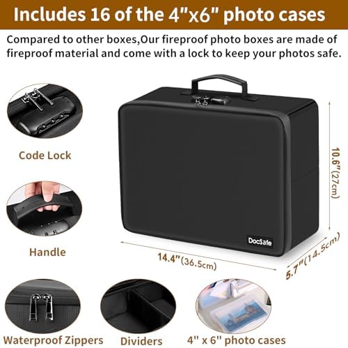 Photo Storage Box with Lock,DocSafe Fireproof Photo Organizer Box with 16 Inner 4" x 6" Photo Case(Clear),Collapsible Portable Photo Filing Safe Storage with Water-Resistant Zipper for Photos,Picture - Image 4